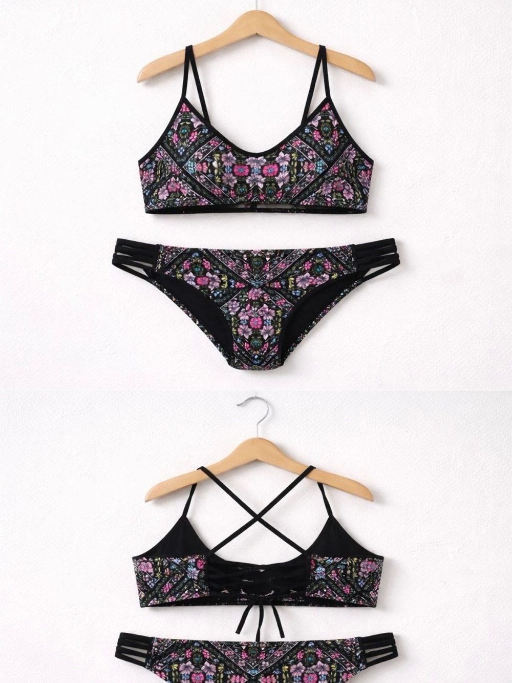 Black Floral Strappy Bikini Set
